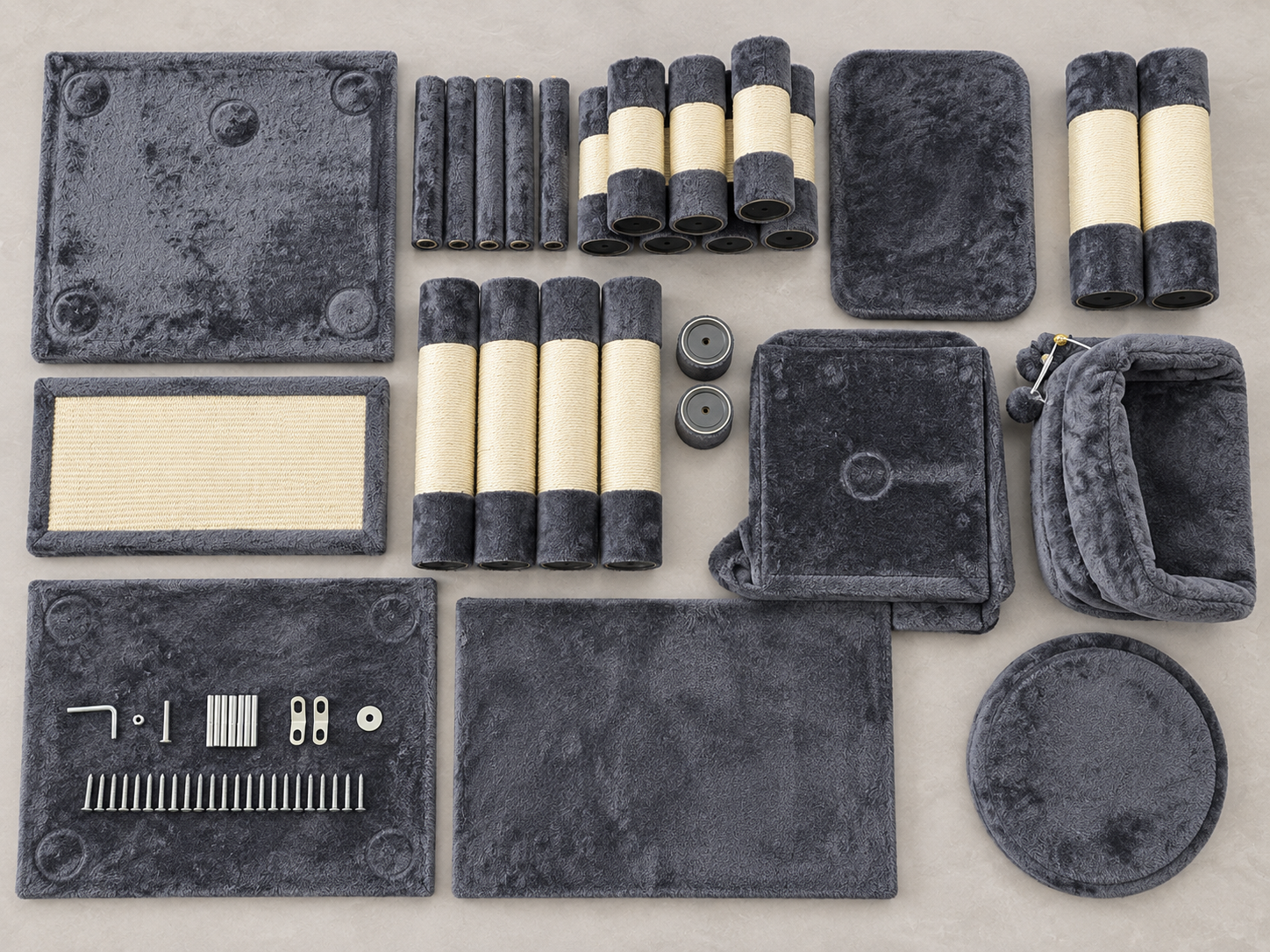 Cat tree boards, posts, coverings and hardware organized for specification review
