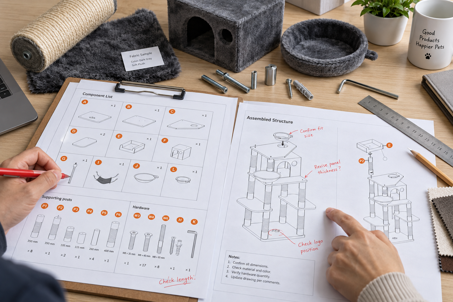 Cat tree specification drawings and sample components reviewed before approval