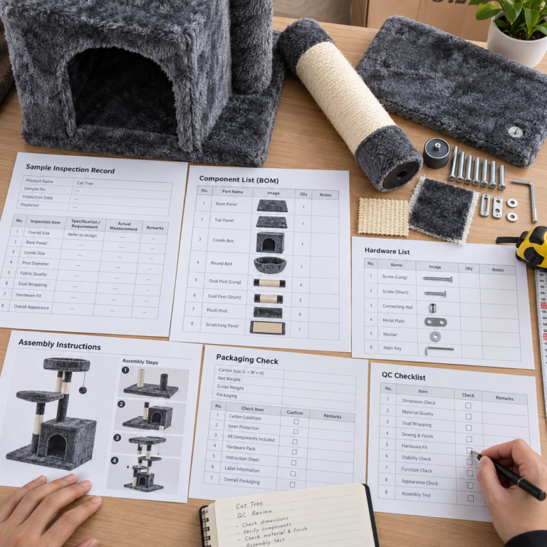 Cat tree supplier documents and product records reviewed during due diligence