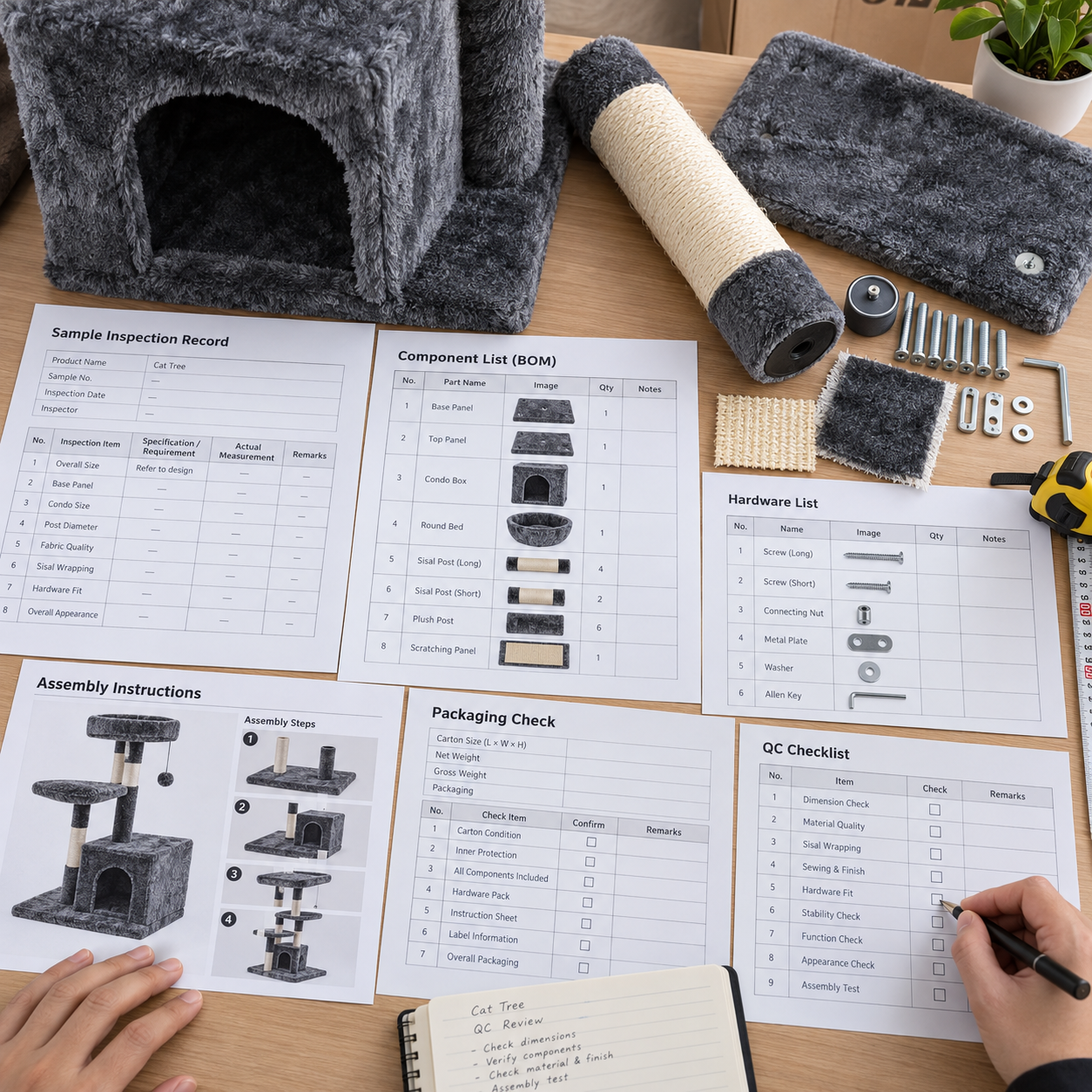 Cat tree components, hardware, instructions and revision records reviewed together