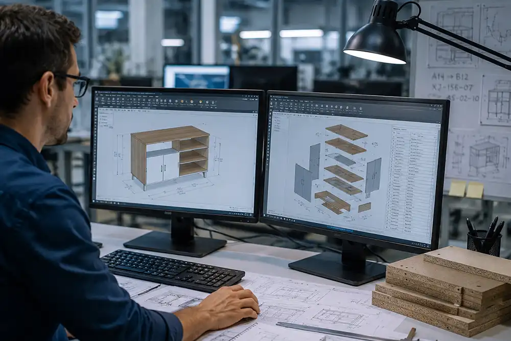 Furniture engineer reviewing flat-pack product drawings and hardware