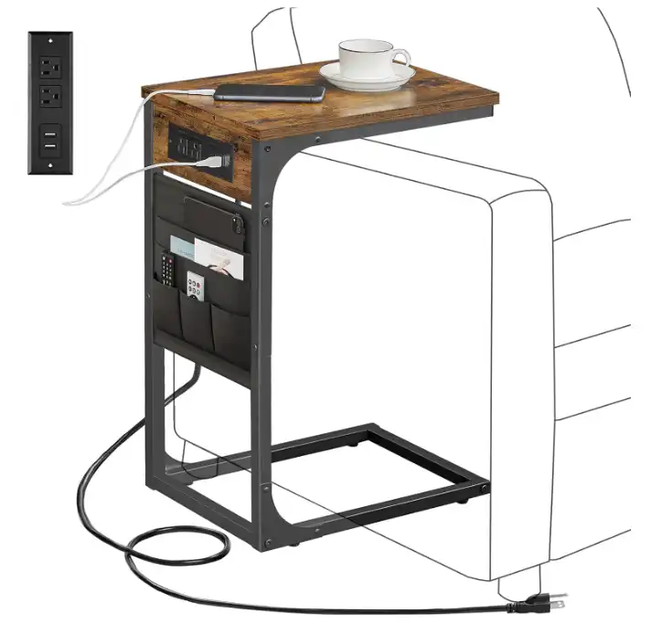c shaped end table with charging station & storage bag (1)