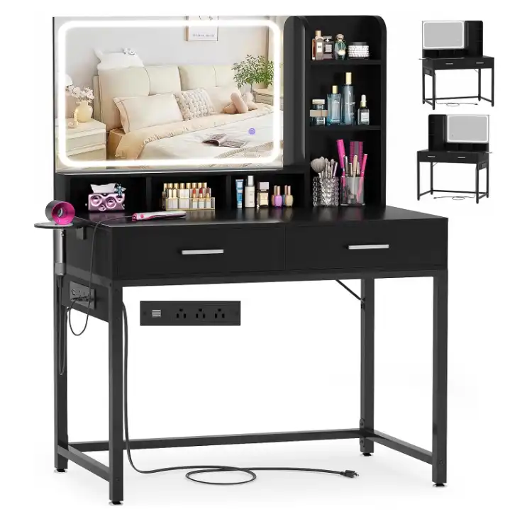 makeup vanity desk with led mirror, storage & power outlets (1)