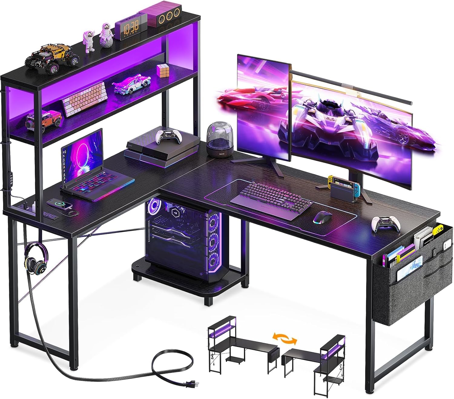 reversible l shaped computer desk with power outlets & storage (3)