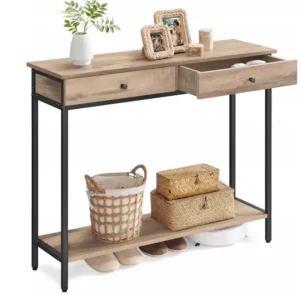 Light-grey console table with two drawers and open shelves