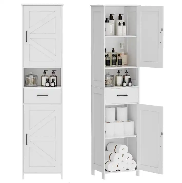 tall bathroom storage cabinet with drawer & adjustable shelves (1)
