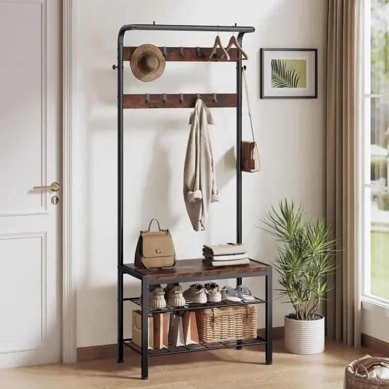 4 in 1 hall tree with shoe bench, 10 hooks & storage shelf 1
