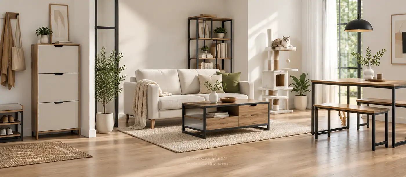 HOMVND furniture collection featuring shoe storage, sofa, coffee table, bookcase, cat tree and dining set