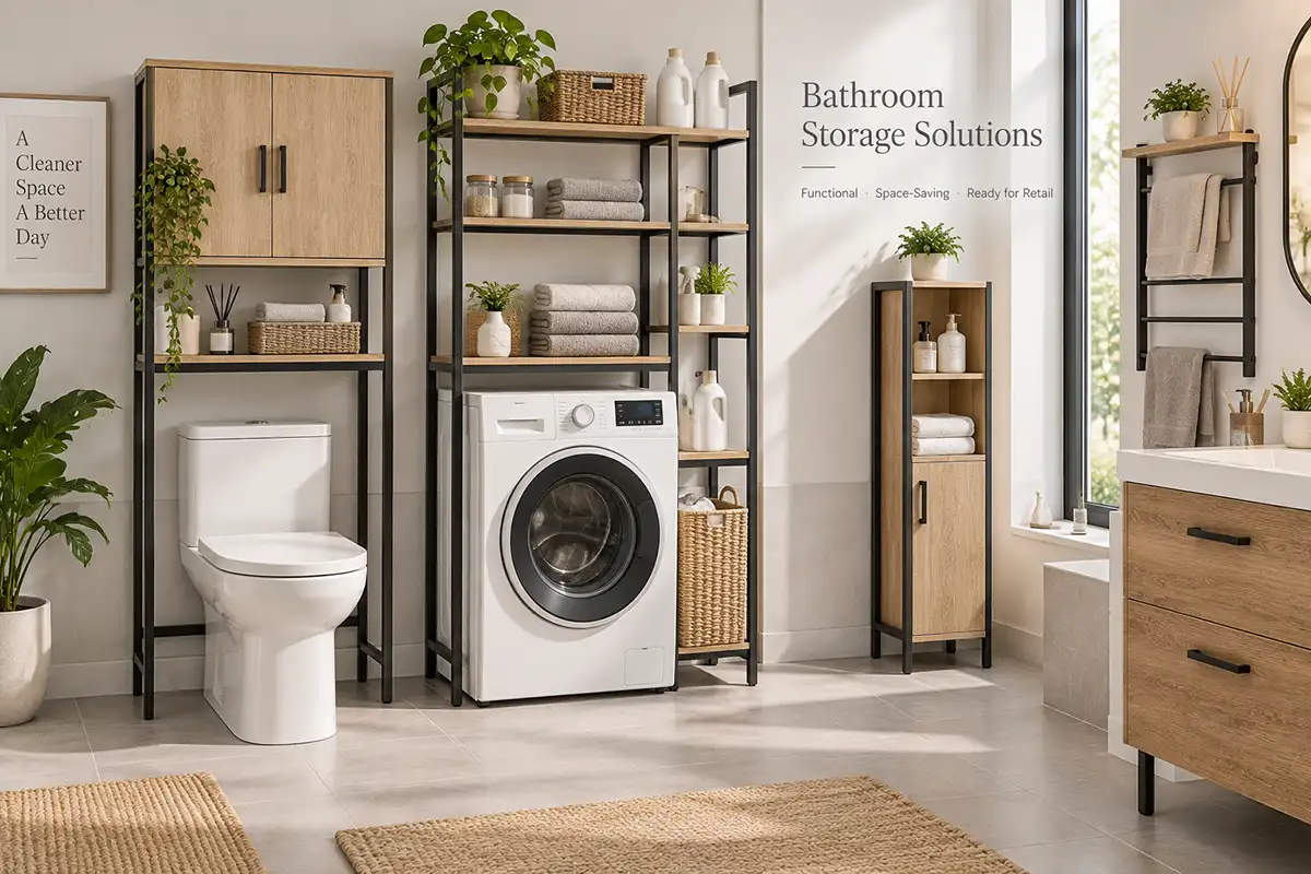 Bathroom and laundry storage furniture with over-toilet shelving and washing machine rack