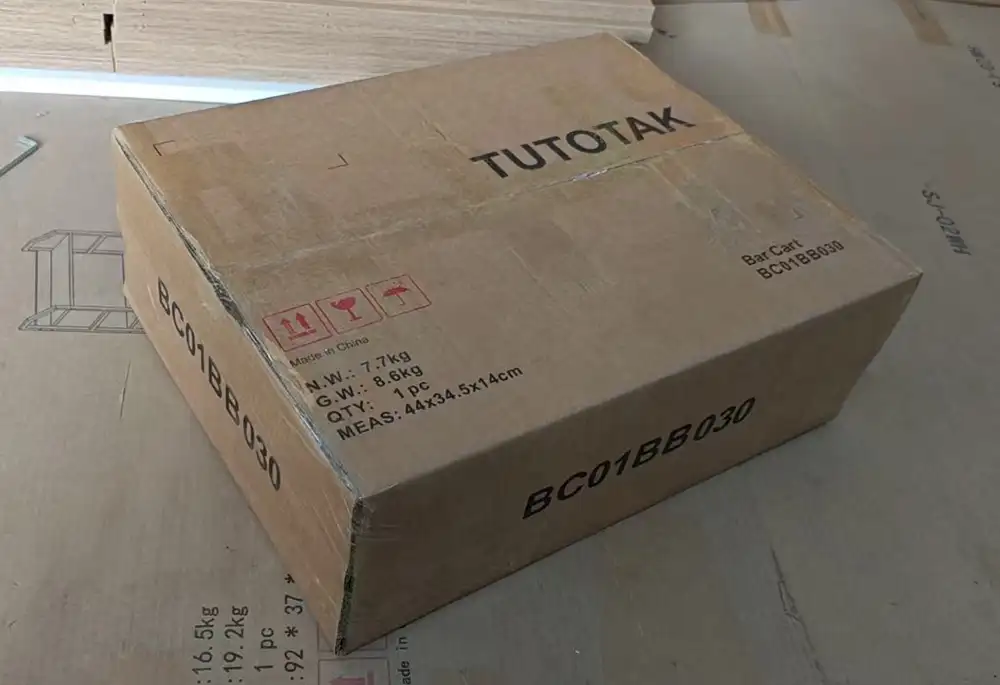 Closed TUTOTAK bar-cart shipping carton marked BC01BB030