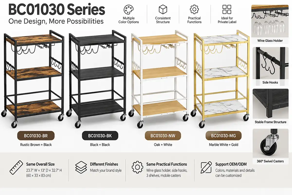 BC01030 rolling kitchen cart product family in multiple finishes