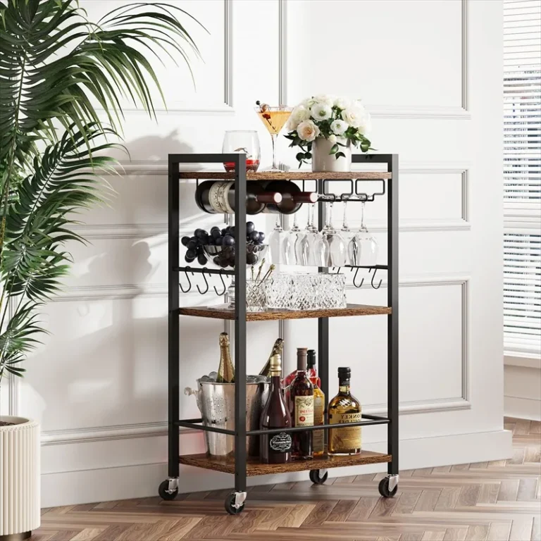 Three-tier bar cart with wine bottles, hanging glasses and side hooks