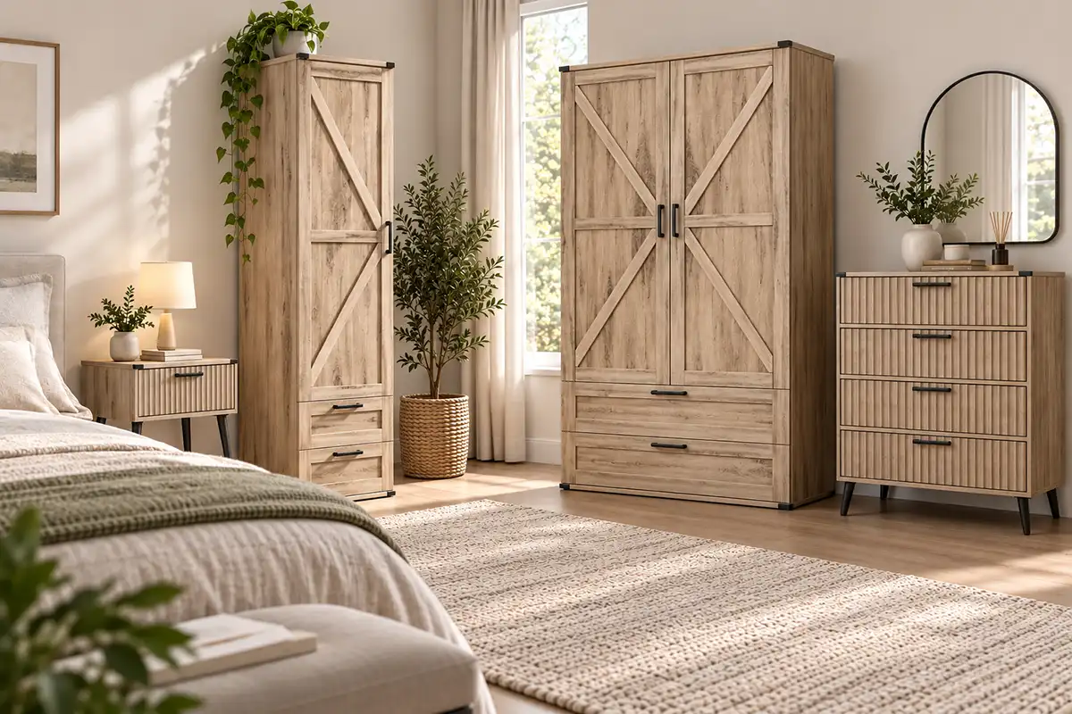 Coordinated bedroom furniture with bedside table, tall cabinet and wardrobe