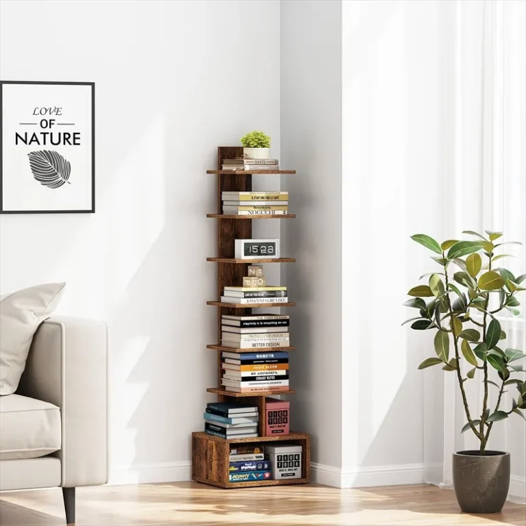 Brown spine bookcase with books on the shelves and in the base cubby