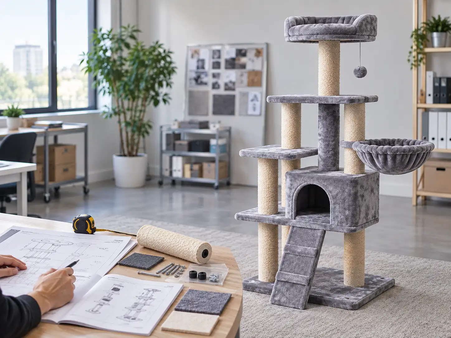 Cat tree and sourcing review materials prepared for product evaluation