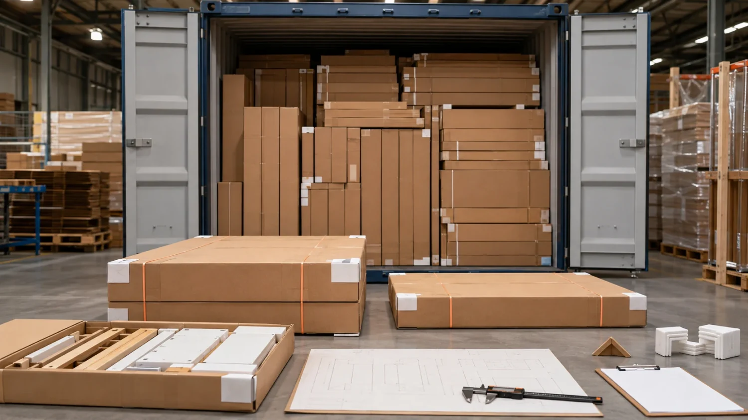 Optimized flat-pack furniture cartons loaded efficiently into an export container