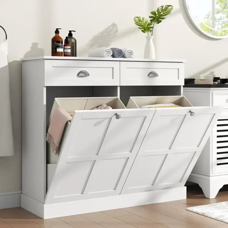 double tilt out laundry hamper cabinet with 2 drawers 1