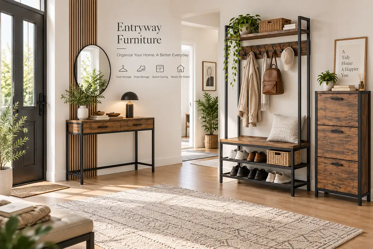 Entryway furniture with hall tree, shoe storage and console table