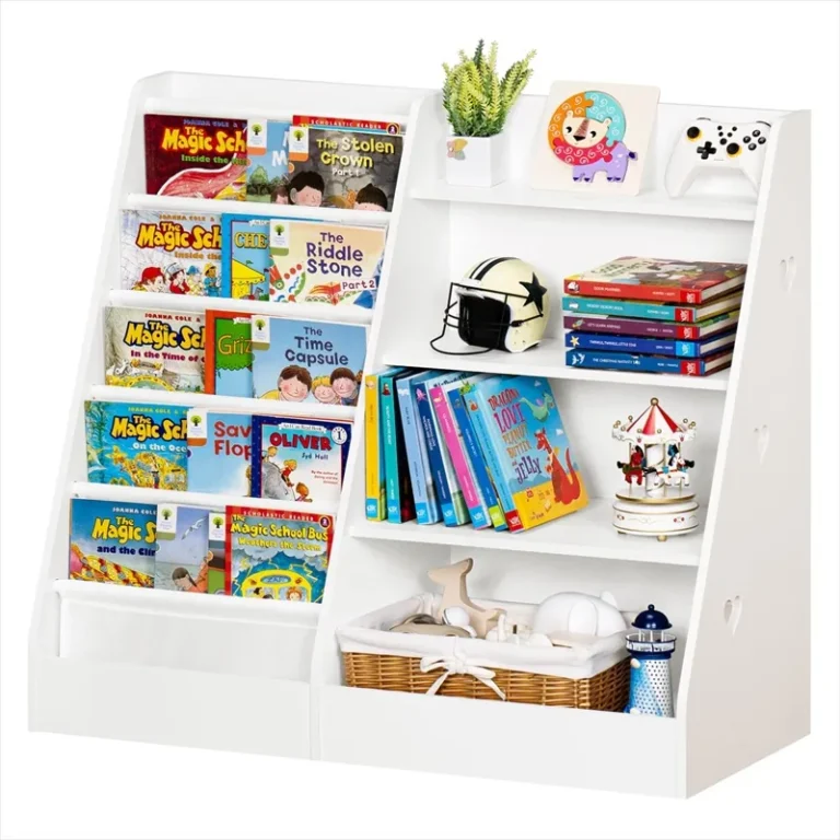 White children's bookcase with sling display pockets beside open shelves