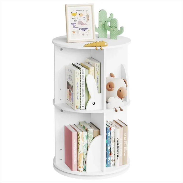 Two-tier bunny bookcase with books and objects on the top surface