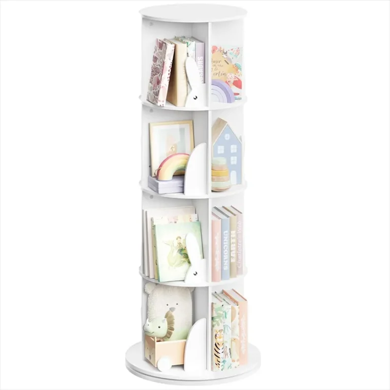 Four-tier rotating bookcase with bunny-shaped dividers and books