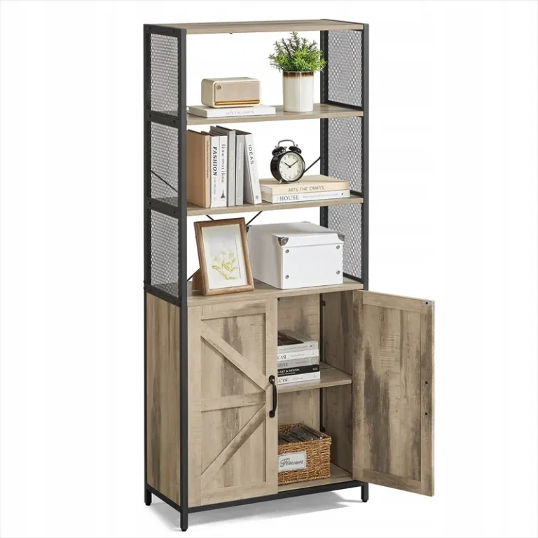 Bookcase with open upper shelves and both lower cupboard doors open