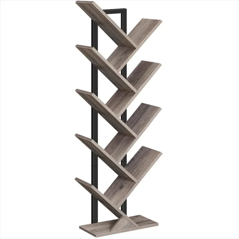 Empty tree bookcase with angled shelves and a metal spine