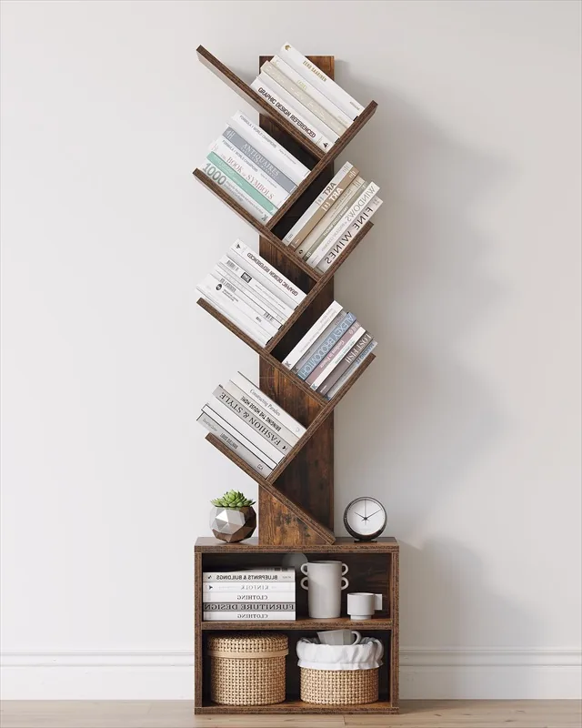 Tree-shaped bookcase with angled book shelves and open base storage