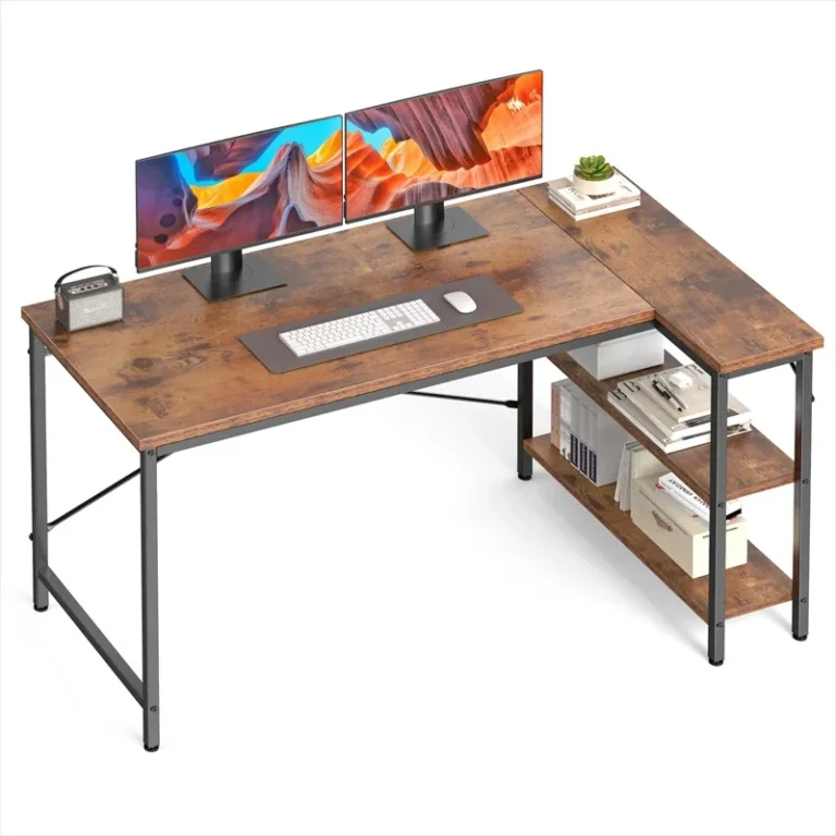 L-shaped desk with monitors and a two-tier return shelf