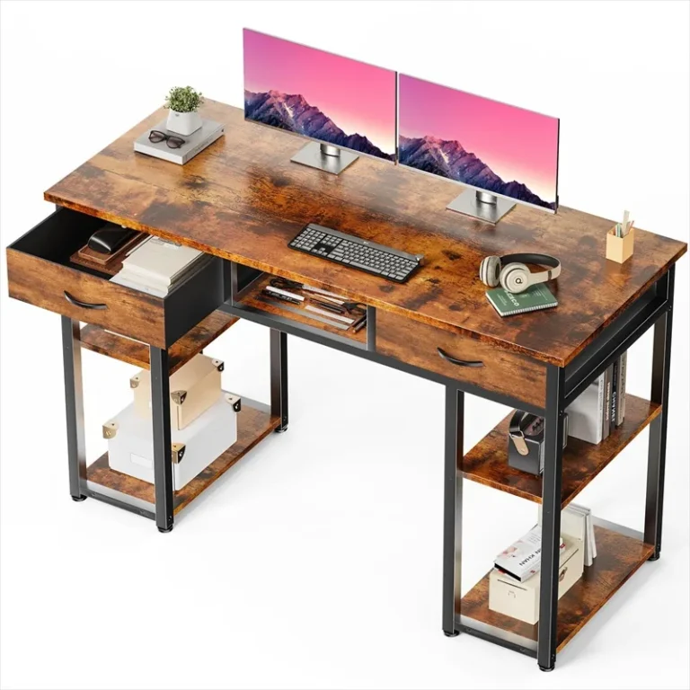 Desk with two fabric drawers, side shelving and a wide worktop