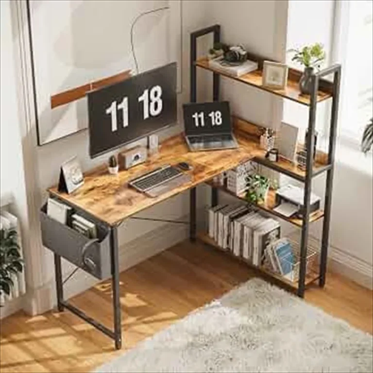 Corner desk with a tall side shelf and a hanging storage pocket