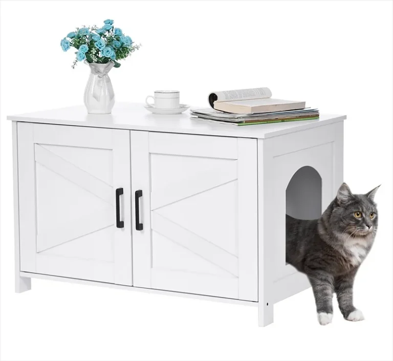 White litter-box enclosure with two front doors and a side cat entrance