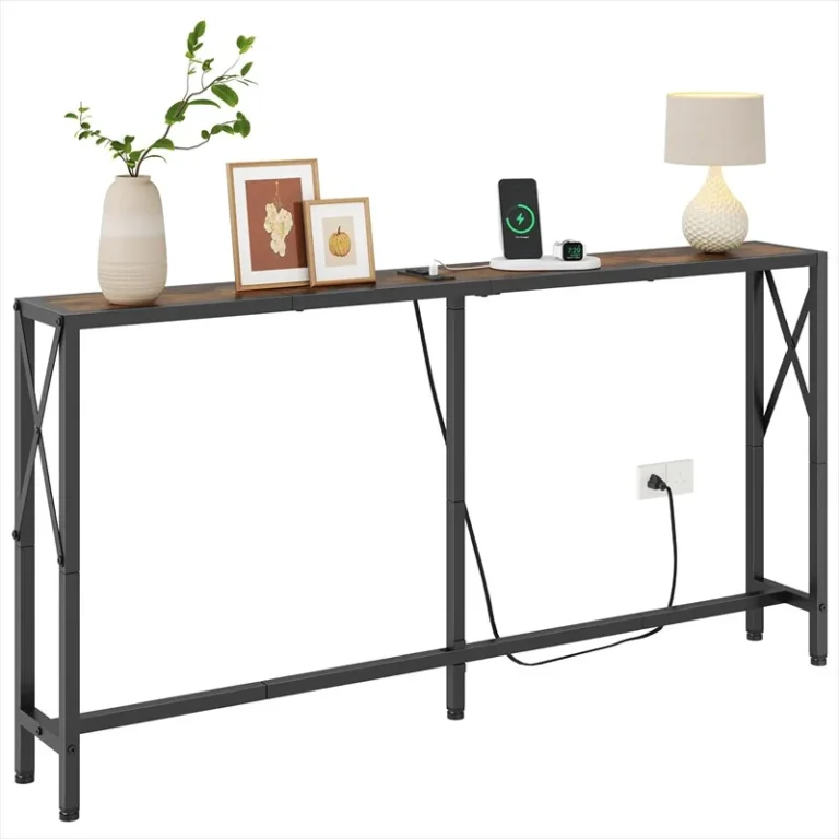 Long narrow console table with a charging station and decorative objects
