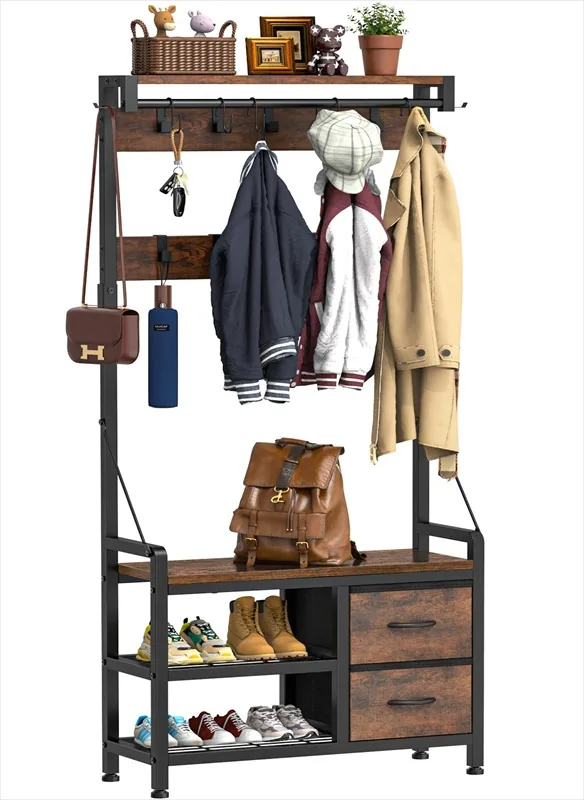 Hall tree with hanging coats, a bench, two drawers and shoe shelves