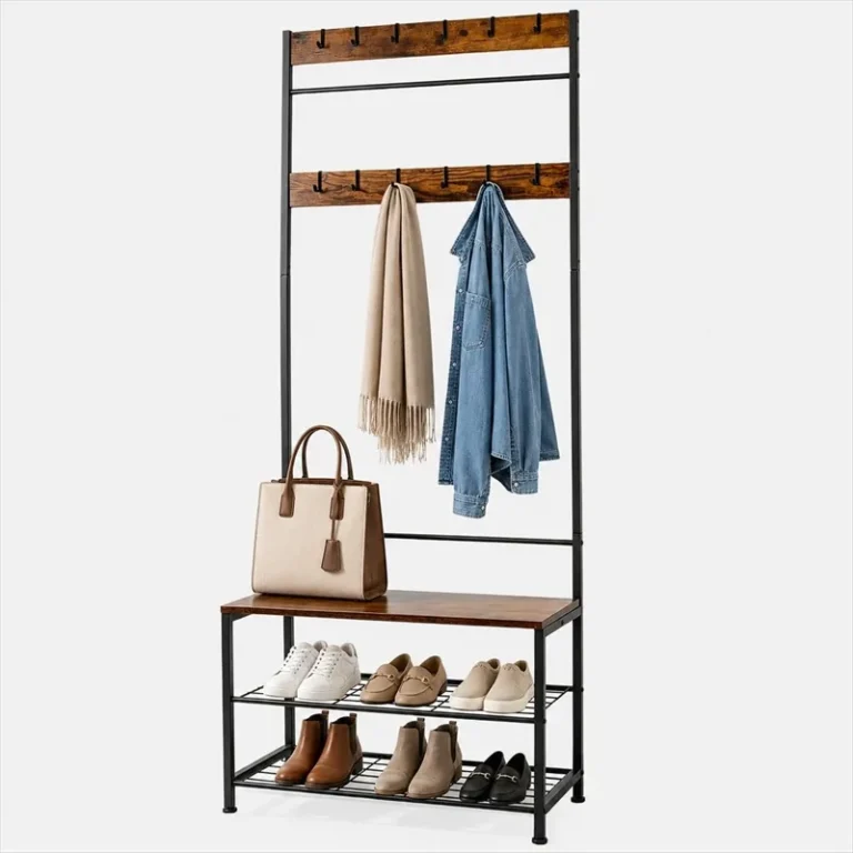 Freestanding hall tree with coat hooks, a bench and two shoe shelves