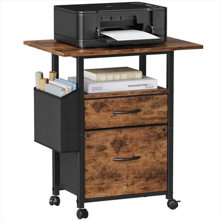 Rolling file cabinet with two drawers, a side bag and a printer on top