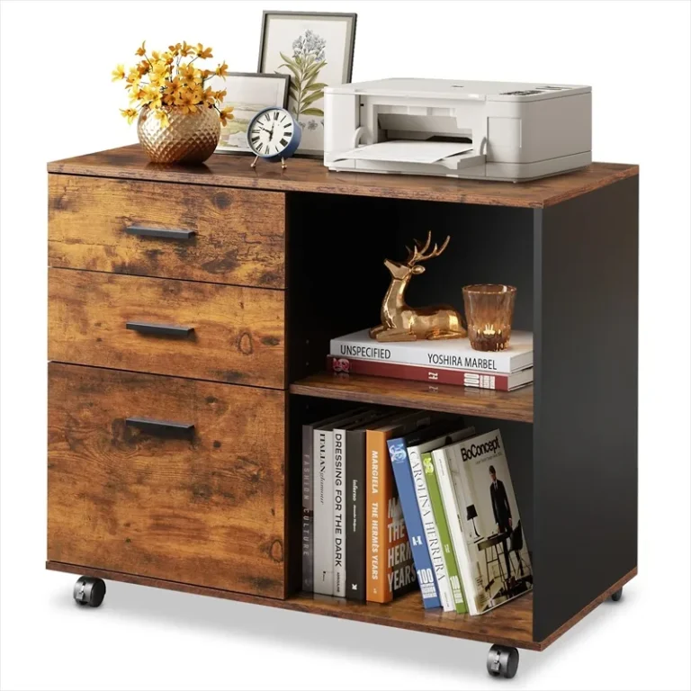 Three-drawer rolling file cabinet with open shelves and a printer on top