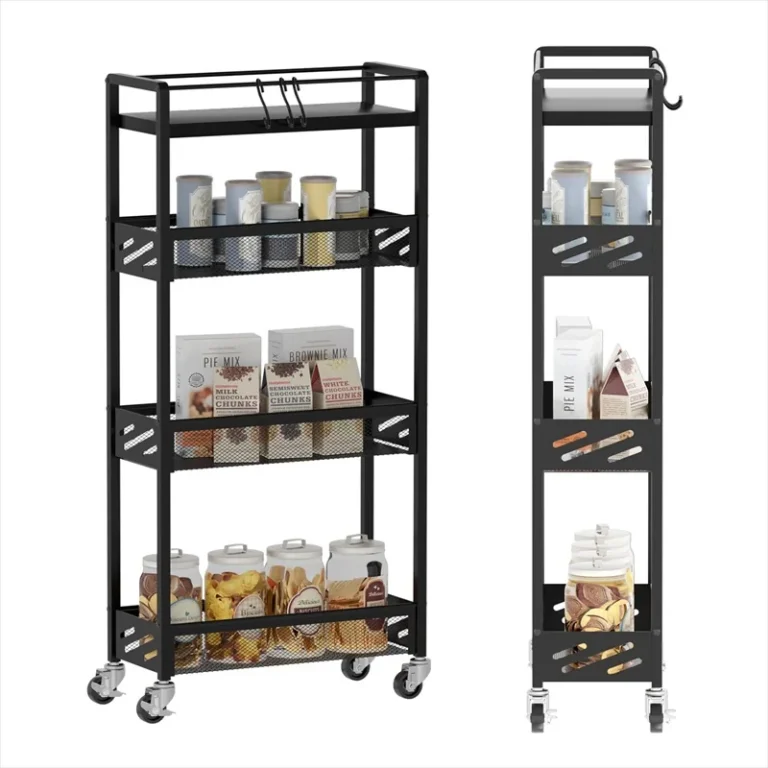 Front and side views of a black four-tier rolling cart with mesh storage baskets