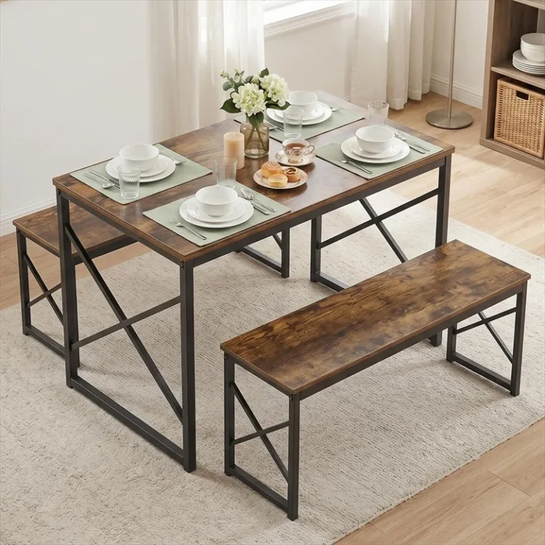 Dining table with two benches set for a meal