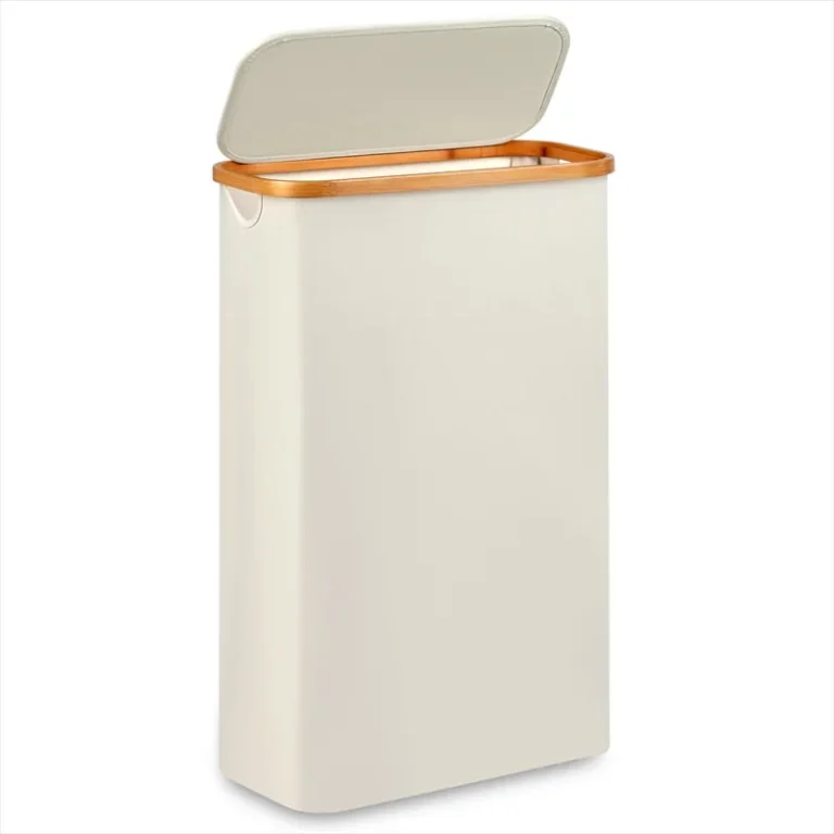 Slim laundry hamper with its lid open and bamboo carry opening visible