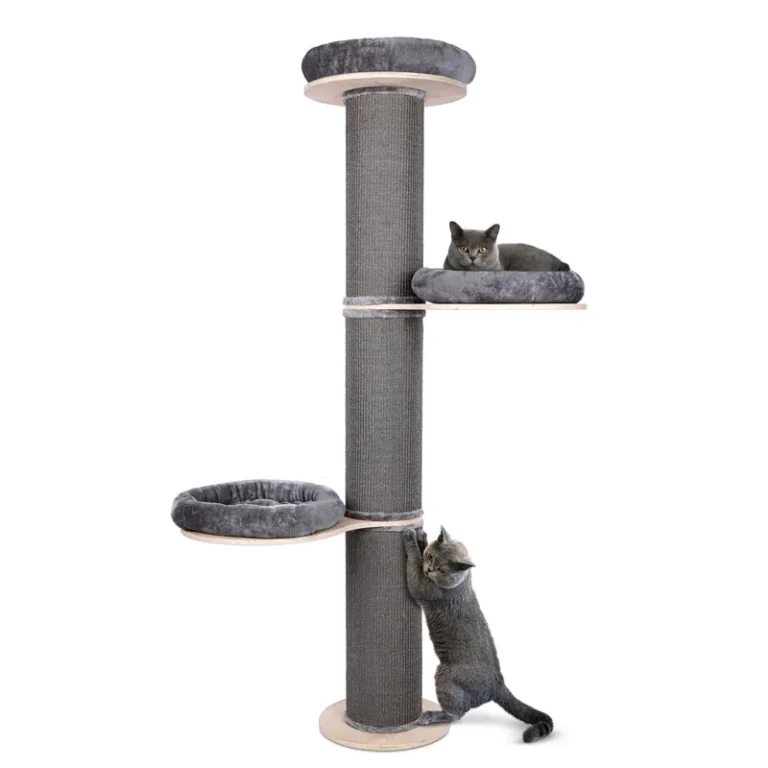 Tall gray scratching tower with three staggered padded beds