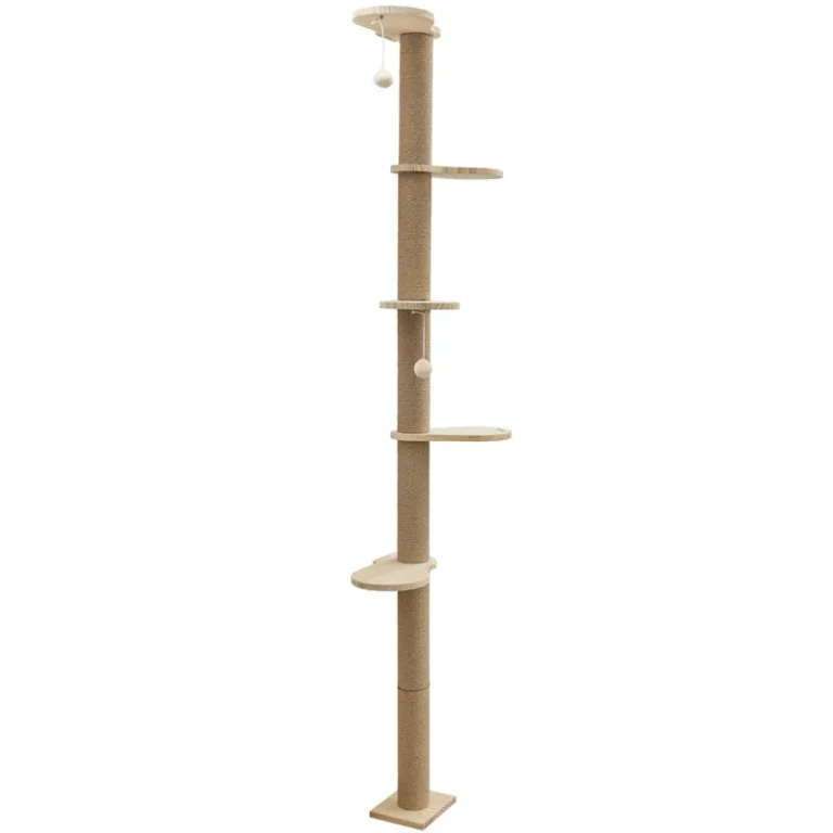 Tall natural floor-to-wall cat climbing post with five platforms