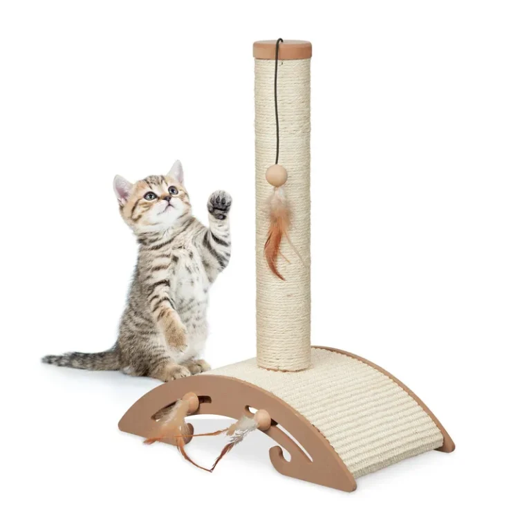Natural-tone scratching post with arched play base and feather toy