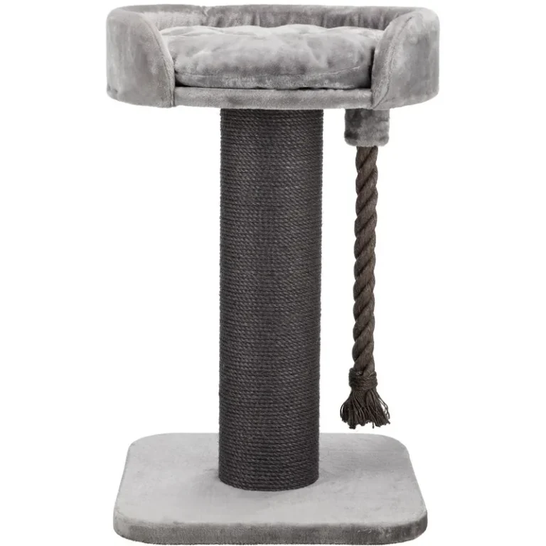 Gray scratching post with thick central column, raised bed and rope toy