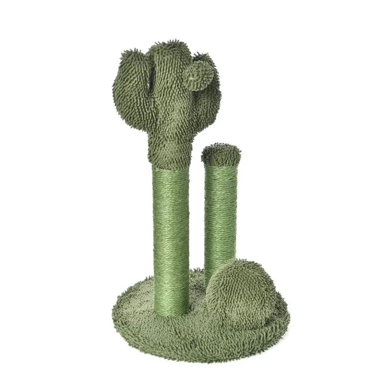 Green cactus scratching post with two columns, round base and play ball