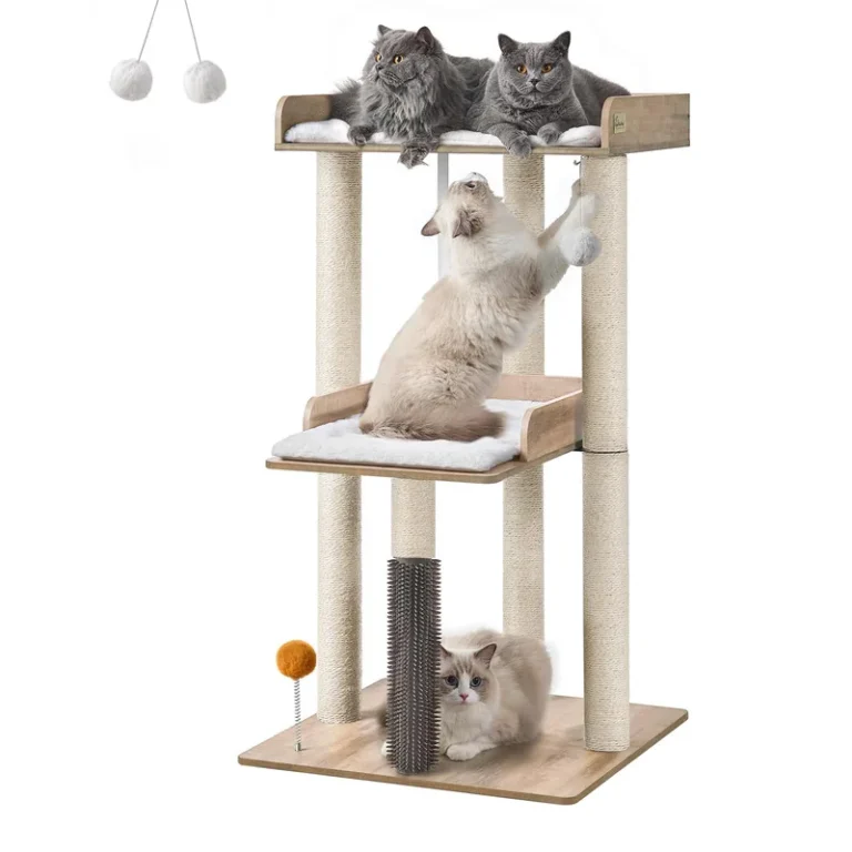Open-frame cat tree with two wide perches, tall posts and play balls