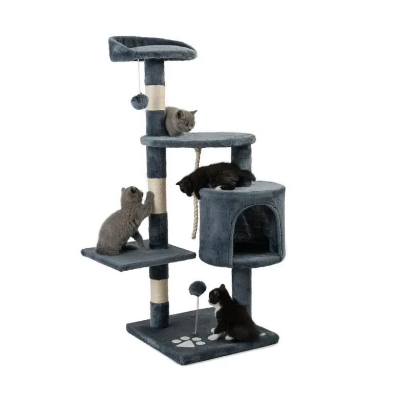 Dark multi-level cat tree with condo, staggered perches and play balls on a white background