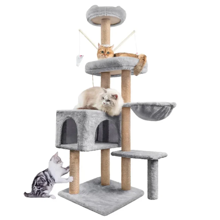 Light gray multi-level cat tree with condo, hammock and raised beds