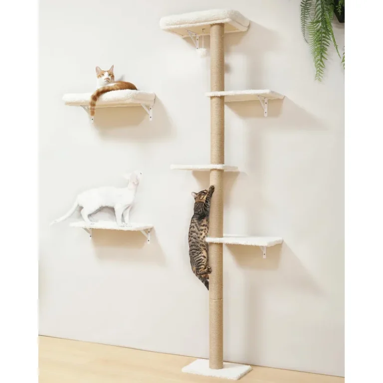 Beige wall-mounted cat tree set with tall central tower and two shelves