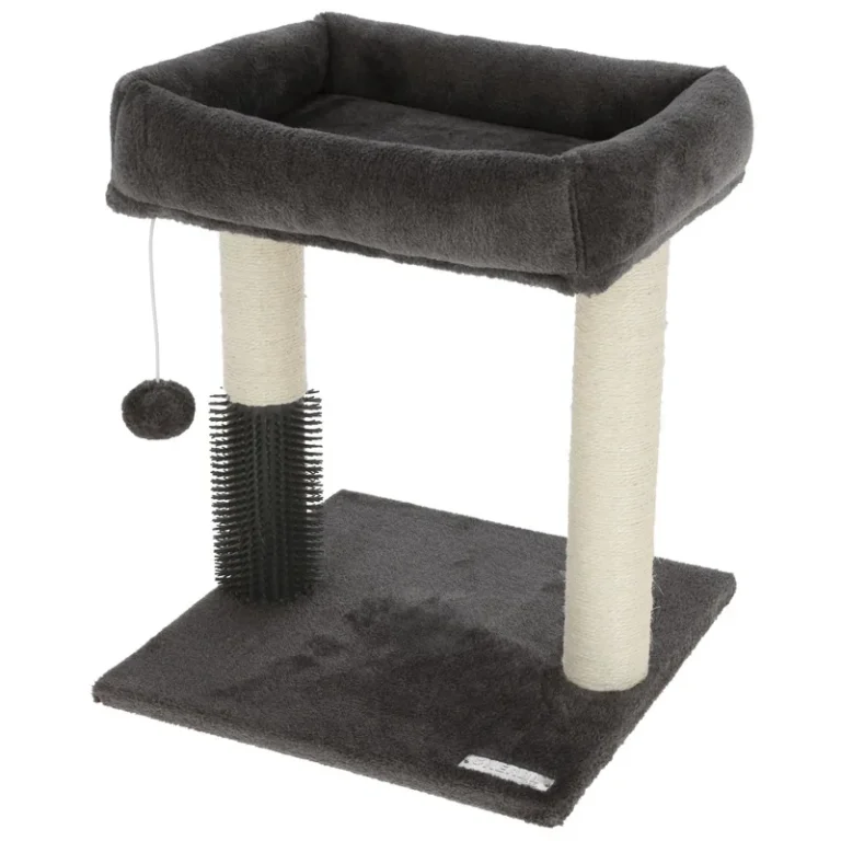 Compact gray cat perch with raised bed, two scratching posts and brush